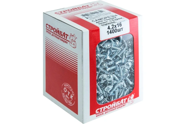 Саморез с пресшайбой СТРОЙБАТ  для тонких пластин с буром оцинкованные 4,2х16мм 1400шт  203660 в Москве