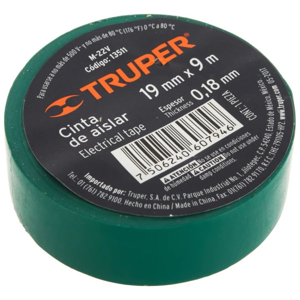 Изолента Truper акрил, 9м. ширина 19мм зеленая M-22V 13511 в Москве